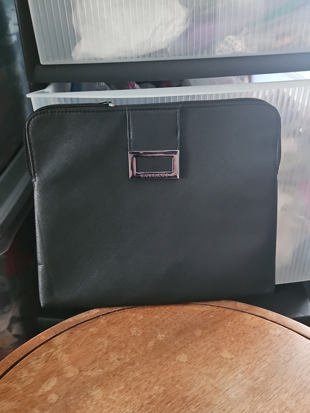 Bulgari Black Leather Pouch with Silver Tone Logo Plaque